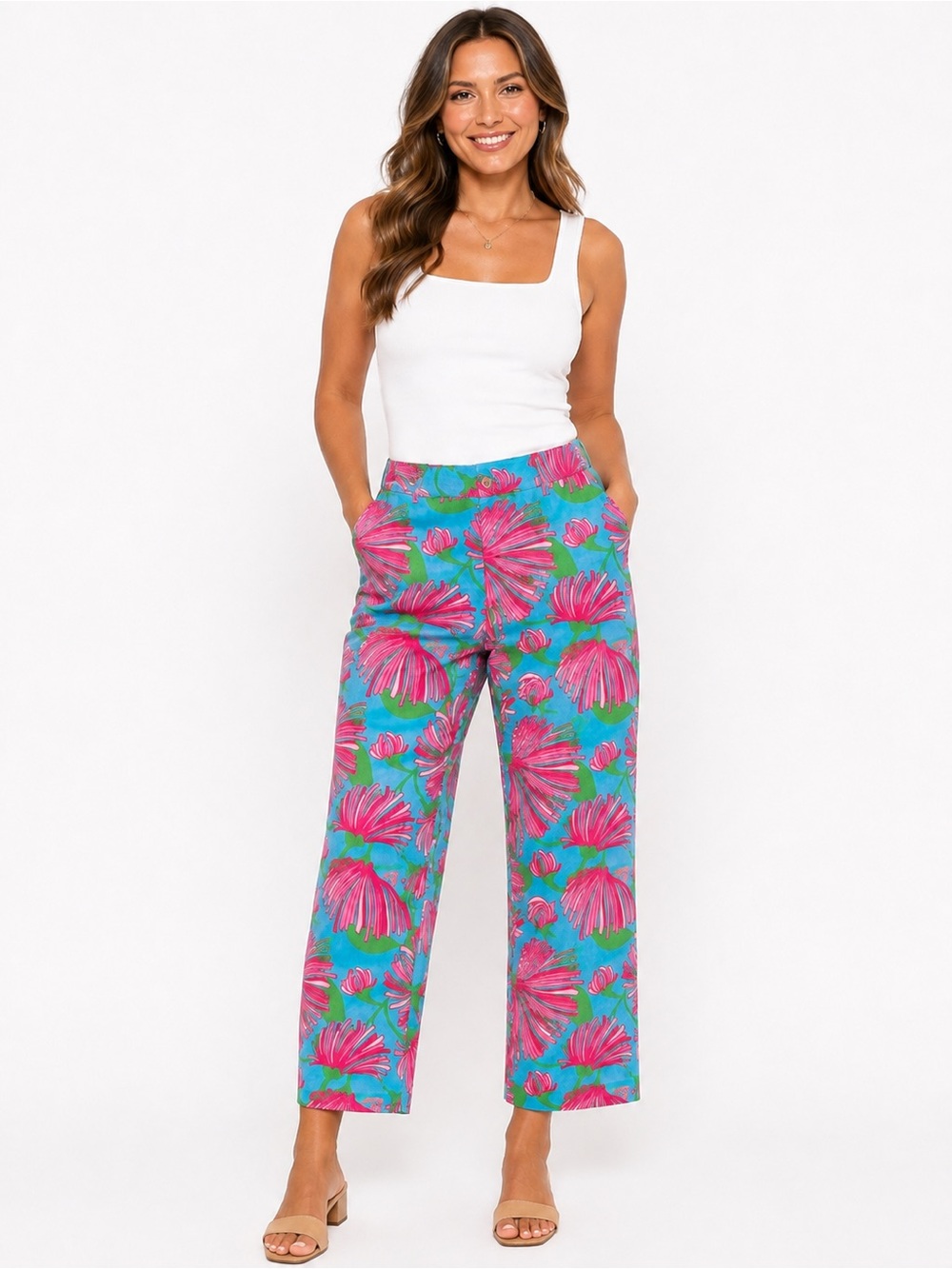Lilly Pulitzer Women’s 4 Tropical Lilies Pink Floral Blue Cropped Bottoms Pants